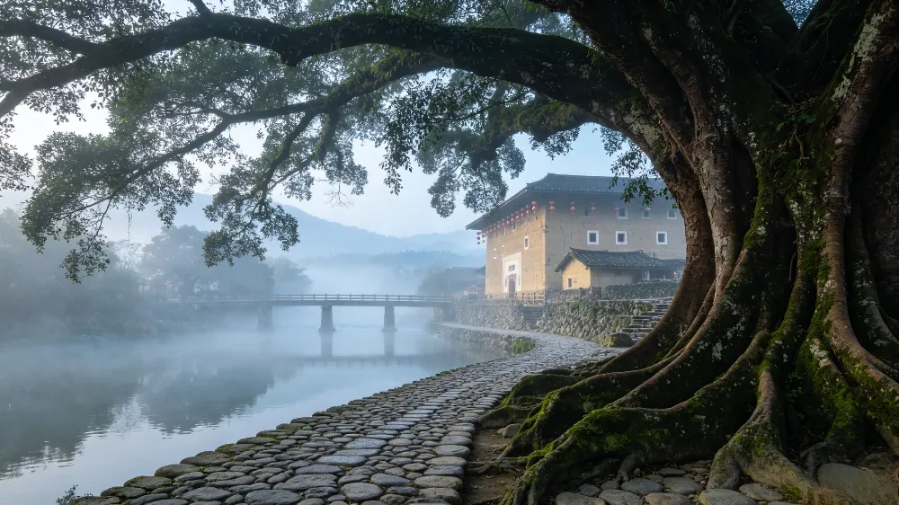南靖雲水謠古鎮,百年老榕樹與懷遠樓倒映在清澈的長教溪中 南靖雲水謠古鎮,百年老榕樹與懷遠樓倒映在清澈的長教溪中