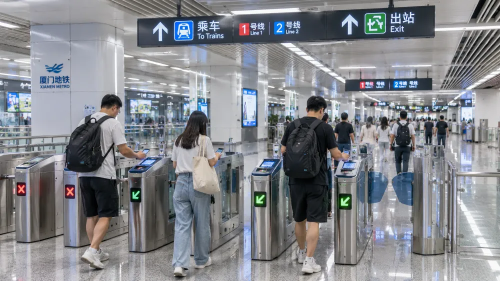 廈門地鐵站的閘機前,旅客拿出手機掃碼通行,地面標示著前往不同方向的箭頭與路線圖
廈門地鐵站的閘機前,旅客拿出手機掃碼通行,地面標示著前往不同方向的箭頭與路線圖
)