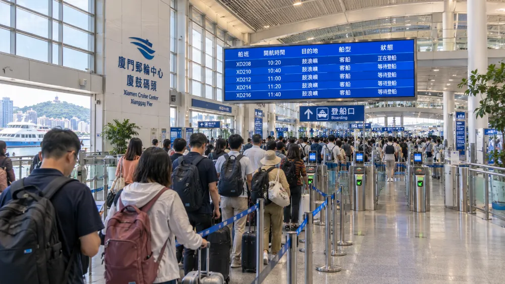 廈門郵輪中心廈鼓碼頭的候船大廳,旅客在閘機前排隊安檢,牆上電子看板顯示著各時段船班資訊 廈門郵輪中心廈鼓碼頭的候船大廳,旅客在閘機前排隊安檢,牆上電子看板顯示著各時段船班資訊